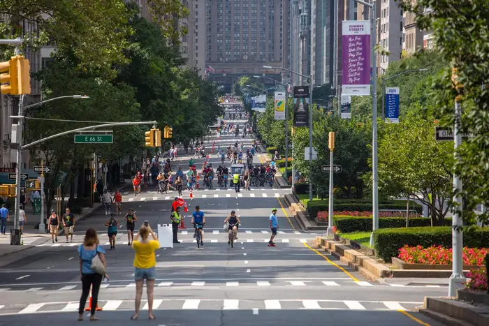 Park Avenue in Manhattan filled with pedestrians during a car-free Saturday in 2019.